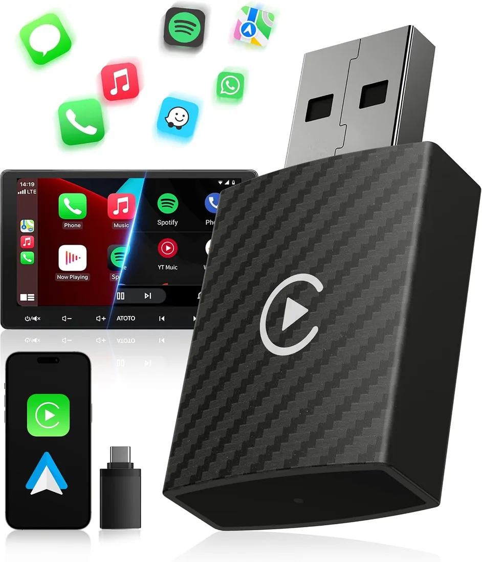 Adaptador CarPlay Inalámbrico y Android Auto Inalámbrico 2 en 1 | Bluetooth V5.3 Conexión Estable, Wi-Fi 6 de Alta Velocidad, USB A/C, para Apple iPhone iOS 10+ & Smartphone Android 11+