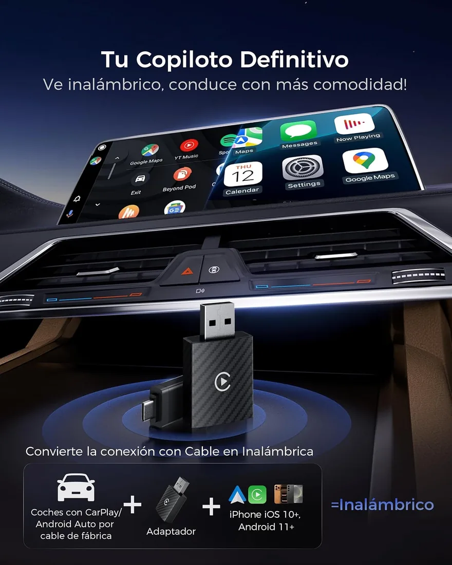 Adaptador CarPlay Inalámbrico y Android Auto Inalámbrico 2 en 1 | Bluetooth V5.3 Conexión Estable, Wi-Fi 6 de Alta Velocidad, USB A/C, para Apple iPhone iOS 10+ & Smartphone Android 11+ foto 2