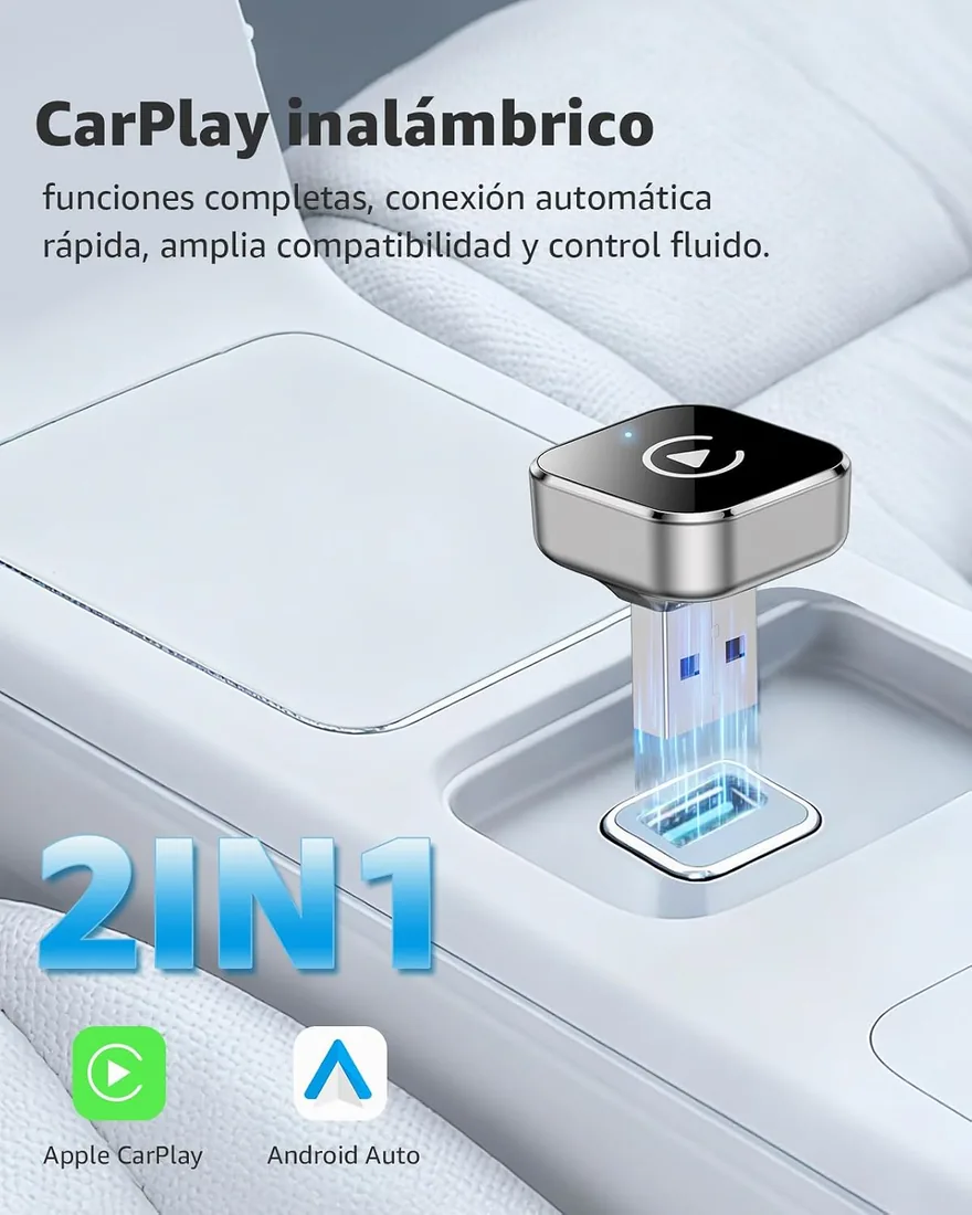 Adaptador CarPlay Inalámbrico y Android Auto, Mini Convertidor USB-A/USB-C Plug & Play, de Cable a Inalámbrico, WiFi 2.4GHz/5GHz, Conexión Automática, para Coches con CarPlay, Plata foto 2