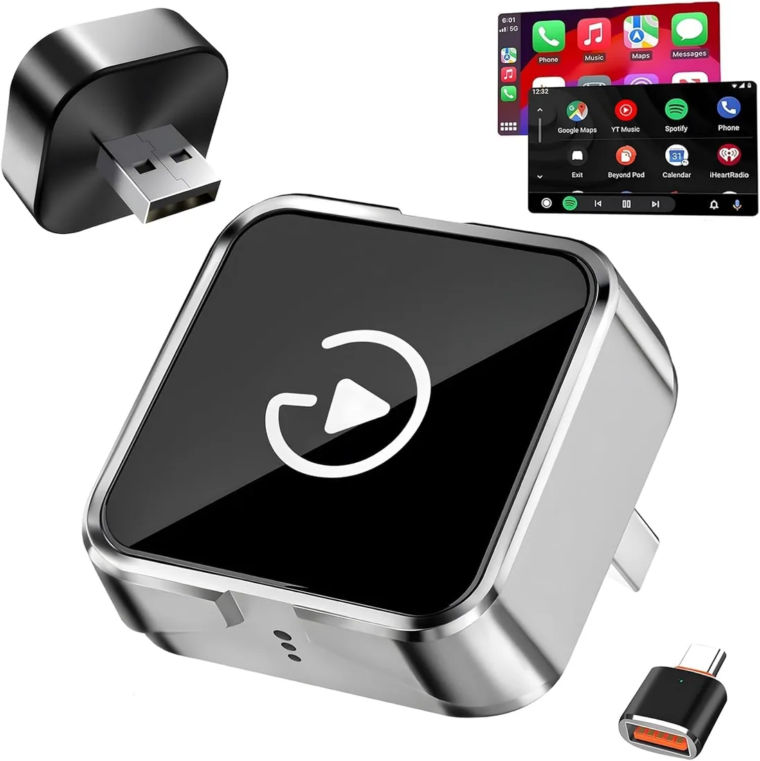 AOUZOVLI 2 En 1 Adaptador Carplay Inalambrico,Mini Adaptador Inalámbrico Carplay,Car Play,Convierte Cableado En Inalámbrico,Plug and Play,Compatible con Sistemas iOS 10+/Android 11+,Negro