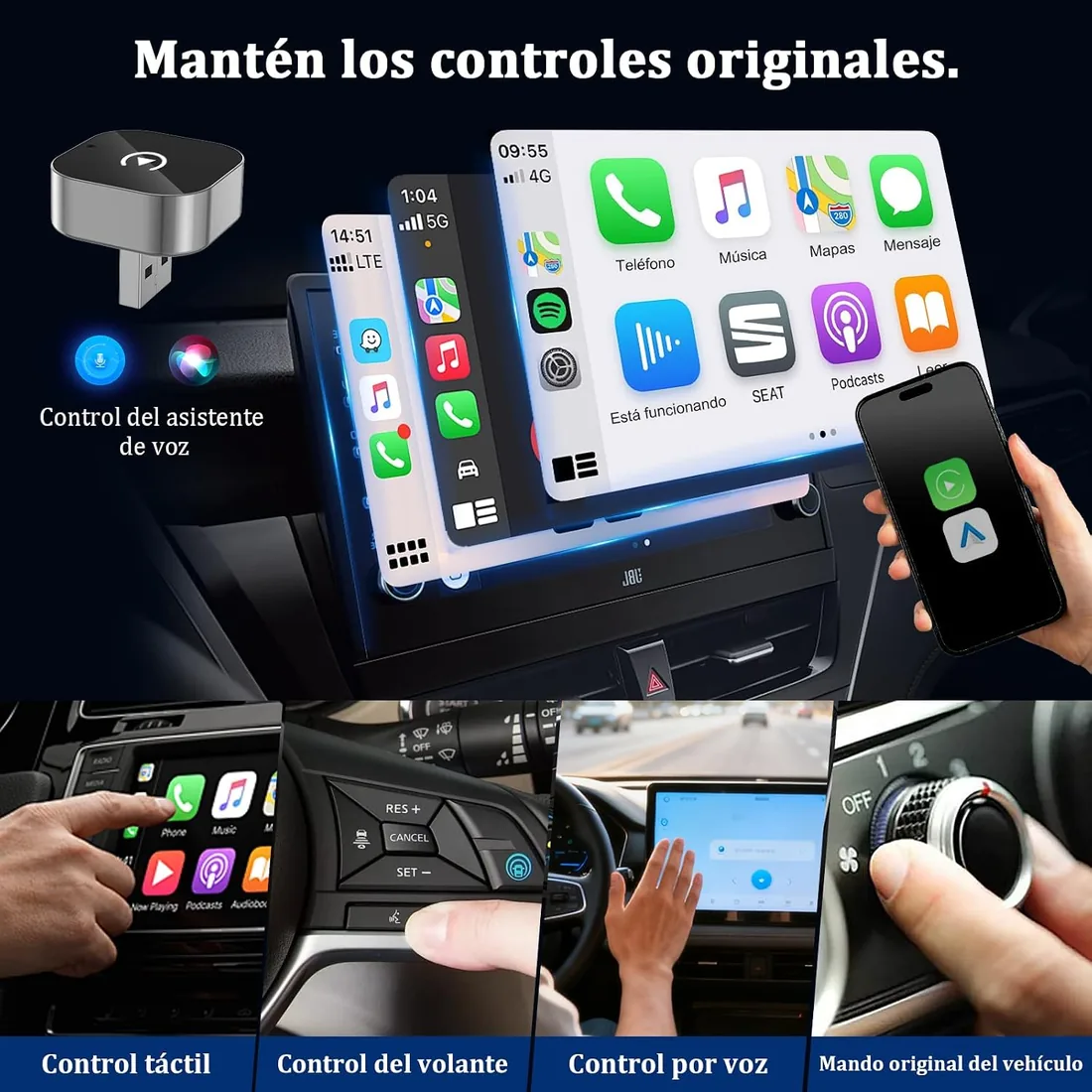 BSTOEM Adaptador inalámbrico 2 en 1 para CarPlay/Android Auto Tipo-C/USB A | Compatible con iPhone 6+ & iOS 10+ y Android 11+, Convierte Cableado a Inalámbrico para Apple, Plug & Play (Color Acero) foto 2