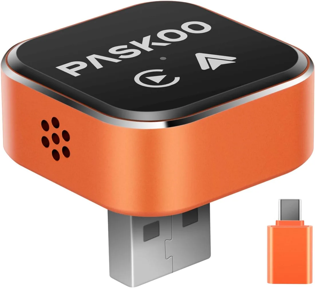 PASKOO Adaptador CarPlay Inalámbrico y Android Auto 2 en 1, USB-A + USB-C | Convierte CarPlay o Android Auto por cable de fábrica en modo inalámbrico | Wi-Fi 6, Bluetooth 5.4, USB-A y adaptador USB-C