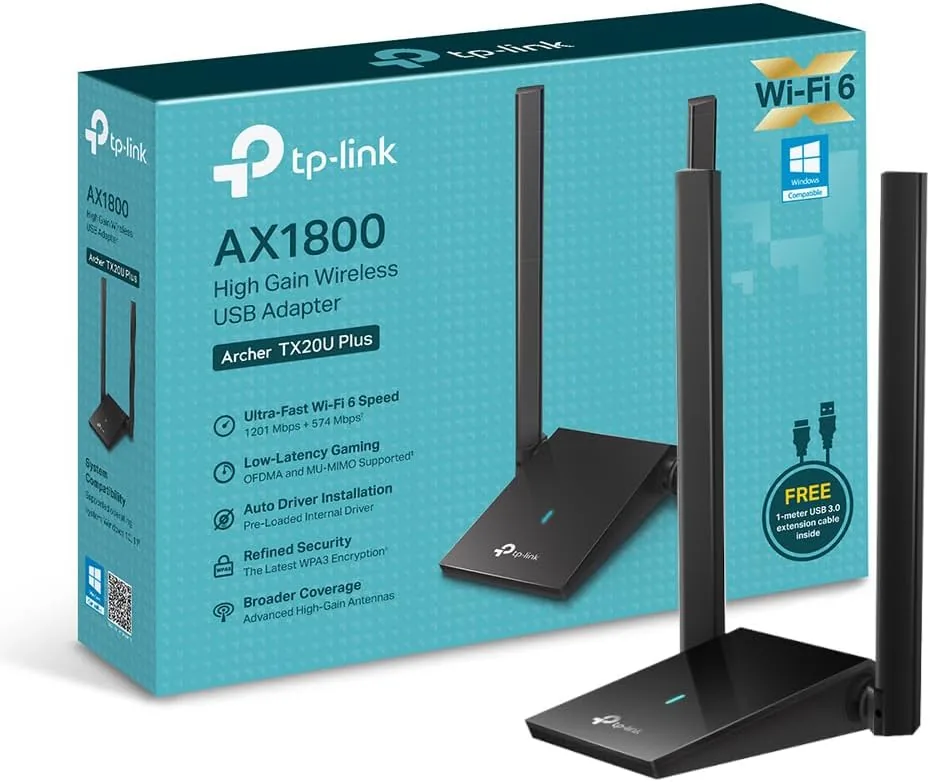 TP-Link Archer TX20U Plus - Adaptador WiFi 6 USB, AX1800 Doble Banda | Actualiza tu PC con WiFi 6. Configuración Fácil. Conexión Estable. 2 Antenas de Alta Ganancia. Compatible con Windows 11/10.