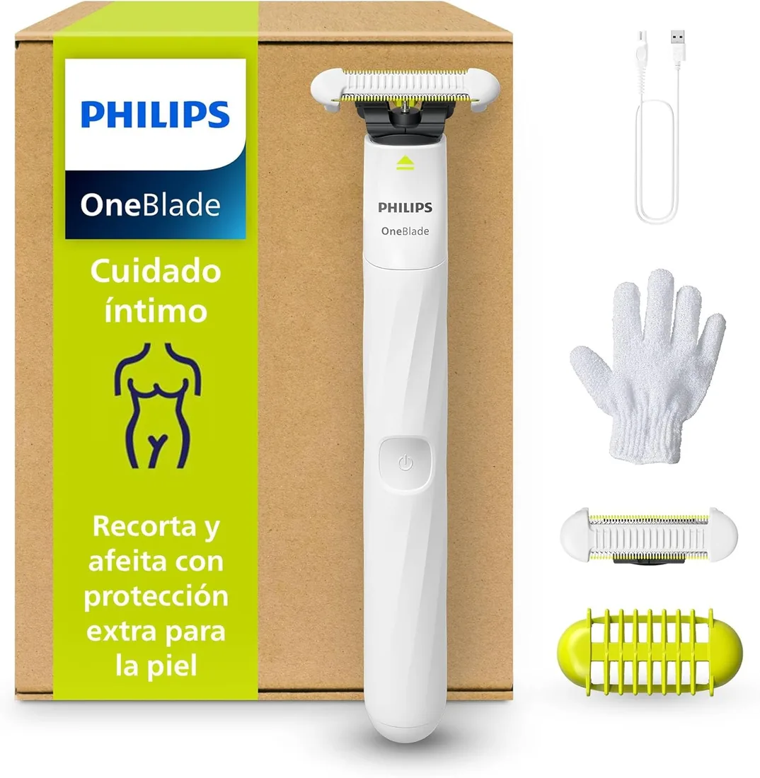 Philips OneBlade Intimate, Cuidado Íntimo, Recorta y Afeita con Protección Extra para la Piel, Depilación apurada y cómoda — sin rasurar completamente al ras, Modelo QP1924/28