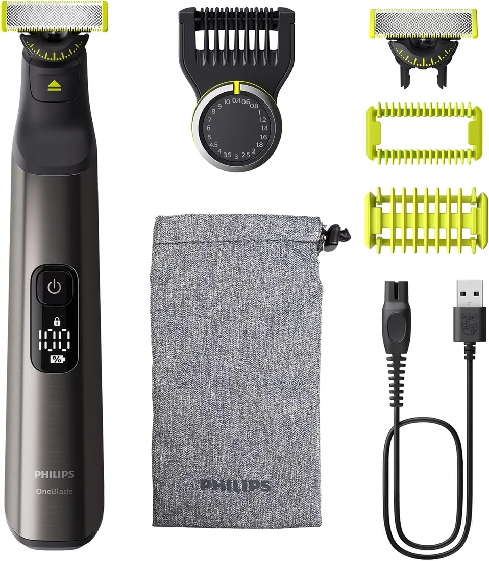 Philips OneBlade Pro 360 Auténtico Barbero, afeitadora y recortadora eléctrica facial y corporal, 2x 360 cuchillas, 1x peine de 20 longitudes, 1x kit corporal, 1x funda blanda, QP6552/30