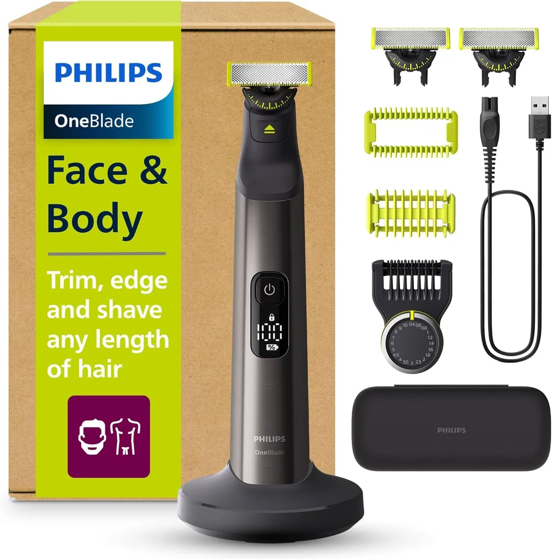 Philips OneBlade Pro 360 Barbero, afeitadora y recortadora eléctrica facial y corporal, 3 cuchillas 360º, peine de 20 longitudes, kit corporal, soporte de carga, estuche de viaje, Negro, QP6652/35