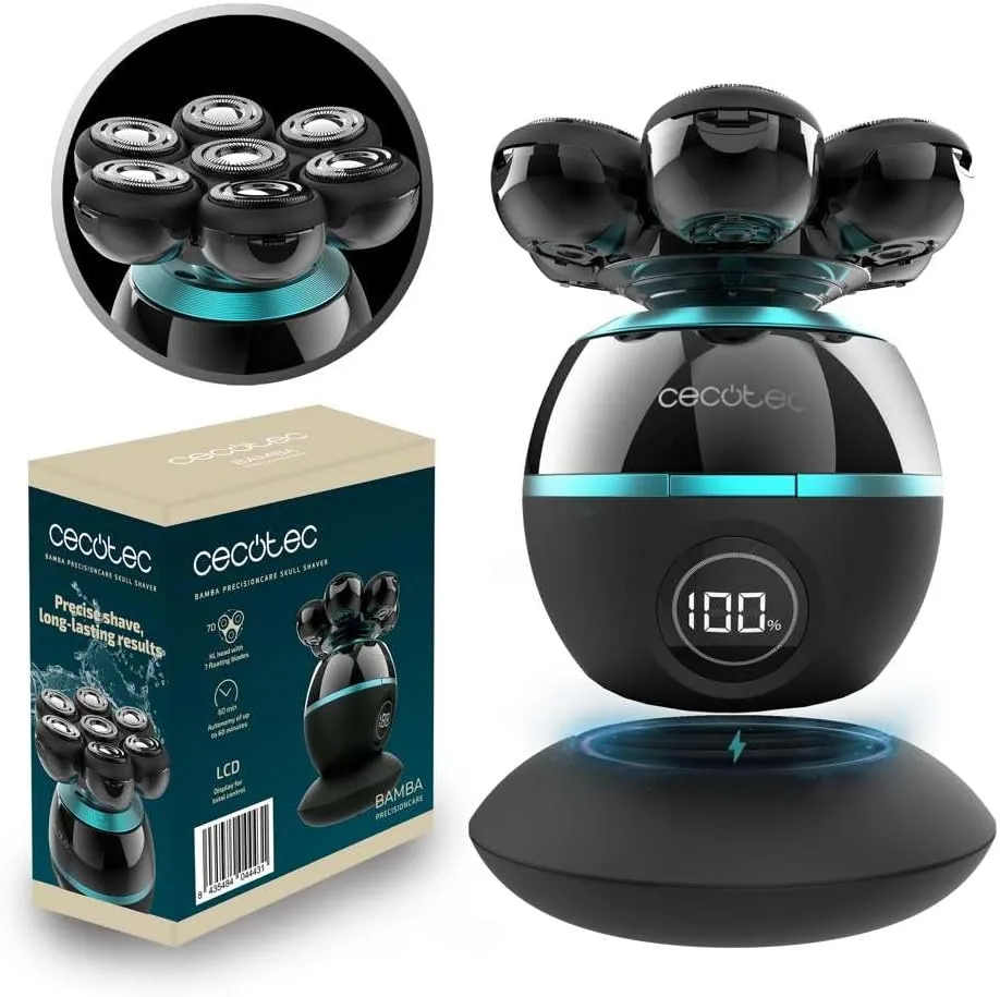 Cecotec Afeitadora de Cabeza Inalámbrica Bamba PrecisionCare Skull. Cabezal Extragrande con 7 Cuchillas flotantes, Autonomía 60 Mins, Pantalla y Base de Carga, Resistencia al Agua IPX6 foto 3