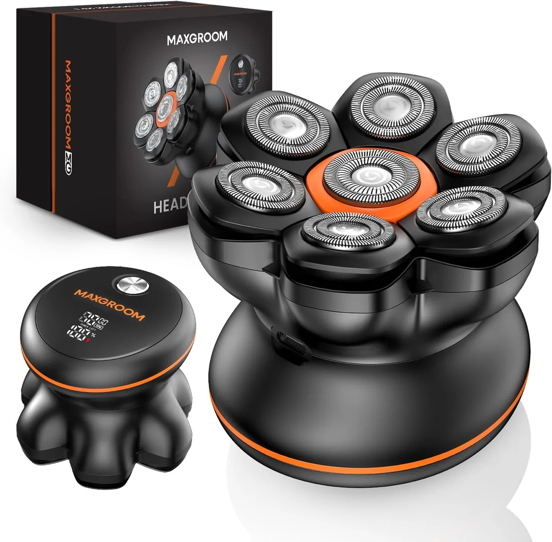 MAXGROOM Afeitadora Cabeza Hombre, Maquina Afeitar Hombre, Afeitadora para Calva en Seco y Húmedo, Batería de Larga Duración, 7 Cabezales, Magnético, 100% impermeable, Color Negro foto 2