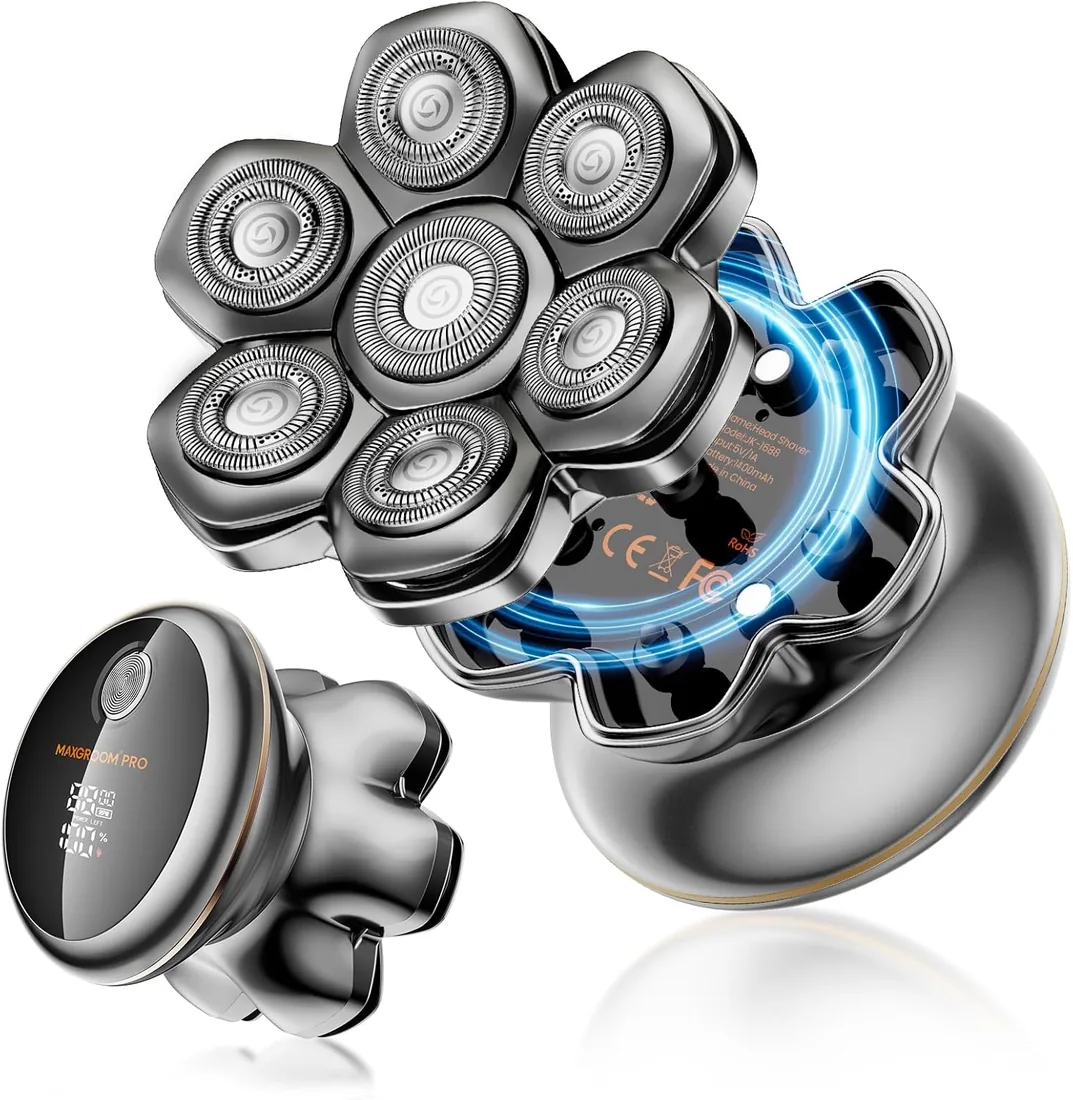 MAXGROOM Afeitadora Cabeza Hombre PRO, Maquina Afeitar Hombre, Afeitadora para Calva en Seco y Húmedo, 140 Mins de Uso, 7 Cabezales, Magnético, 100% impermeable
