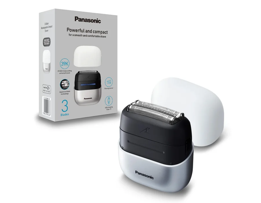 Panasonic ES-ACM3BW503 Serie 700 Afeitadora Compacta de 3 Cuchillas, Afeitadora Eléctrica Húmeda y Seca para Hombres, Sensor de Barba, Resistente al Agua IPX7, Carga USB-C y Adapta