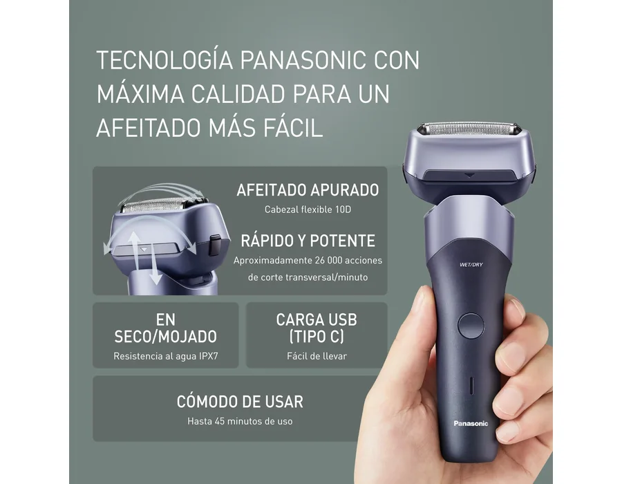 Panasonic Serie 500, ES-ERM3FV503 Afeitadora Eléctrica Recargable de 3 Cuchillas para Uso En Seco y Húmedo, Acero Inoxidable Japonés, Cabezal Flexible 10D, IPX7, Carga USB-C, Viole foto 2