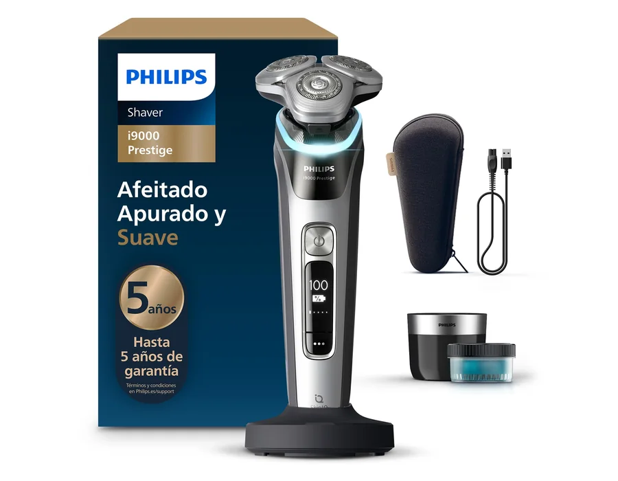 Philips i9000 Prestige, Afeitadora Eléctrica Hombre, Máquina de Afeitar Barba en Seco y Húmedo, Tecnología SkinIQ, Base de Carga, Recargable, Estuche de Viaje, Centro de limpieza, 