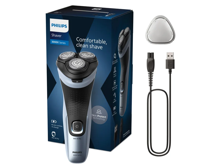 Philips Serie X3000 Afeitadora Eléctrica Hombre, Máquina de Afeitar Barba con Cortapatillas, 27 cuchillas, Cuida la piel, 45min de uso, En Seco y Húmedo, Recargable, X3053/00, Azul