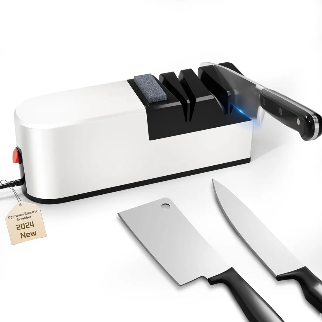 Afilador de cuchillo eléctrico, sistema de afilado 5 en 1 con espalda recta, Afilador de cuchillo de diamante profesional para afilado grueso, reparación y afilado de cuchillos (Blanco Profundo) foto 3
