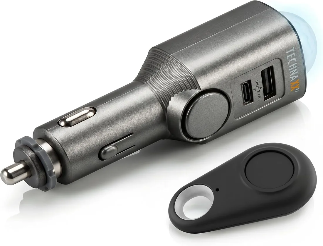 Technaxx Alarma de coche con sensor de movimiento PIR – Alarma plug-in 12–24V con sirena 110dB, batería de 6 días, puertos USB-A & USB-C, pantalla LED y control remoto - 2026 Update Model - TX-100