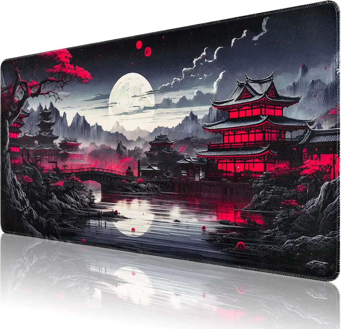 Alfombrilla Ratón XXL Japonesa Grande Gaming 900 x 400 mm, Alfombrilla Escritorio Antideslizante con Base de Goma, Mousepad Bordes Cosidos Impermeable para Oficina Ordenador Juegos&Tapete