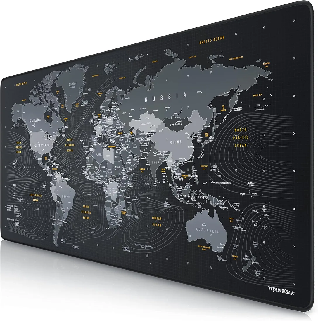 CSL-Computer TITANWOLF - Alfombrilla de ratón XXL Speed Gaming Titan Wolf Mapamundi 900 x 400 mm - XXL Alfombrilla para ratón, tamaño Grande, Mejora la precisión y la Velocidad