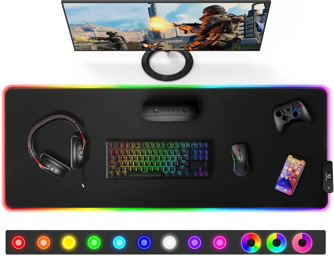 Gimars Alfombrilla Ratón Gaming RGB, 800×300mm Mousepad XXL con 12 Modos Iluminación LED, Tapete Rato Superficie Lisa Primera Impermeable Base Goma Antideslizante para Escritorio, Oficina Gamer foto 3
