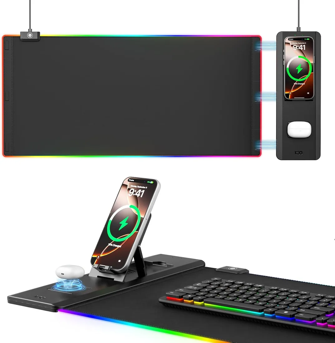 KDD LED Alfombrilla Ratón Gaming con 15W Carga Inalámbrica, Tapete Escritorio con Soporte Móvil Plegable, Mouse Pad XXL Antideslizante para Juegos Accesorios Gaming PC Auriculares Reloj (70x33cm)