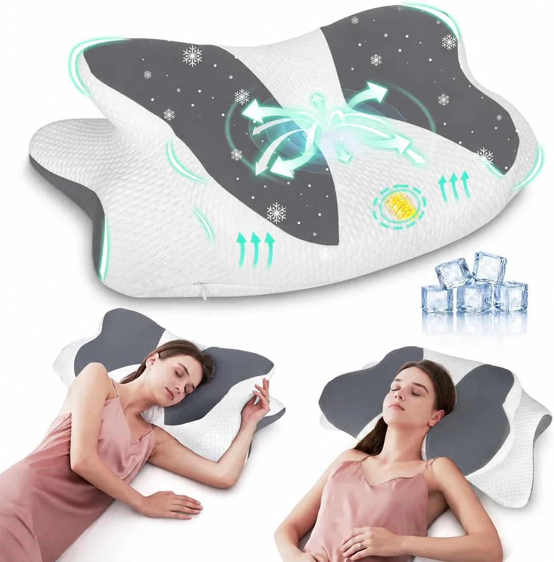 Almohada Cervicales y Cuello, Almohada Cervical Viscoelástica para Cervicales, Tejido Refrescante, Almohada Antirronquidos para Dormir de Lado, Boca Arriba y Boca Abajo, Color Gris Claro