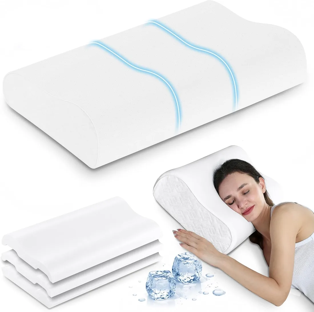 Elviros Almohada Cervicales y Cuello de Memory Foam Altura Ajustable, Almohada Cervical Ortopedica Ergonómica para Dormir de Lado y Boca Arriba, Funda Transpirable y Desenfundable,60×35.5×13,5/11.5cm foto 2