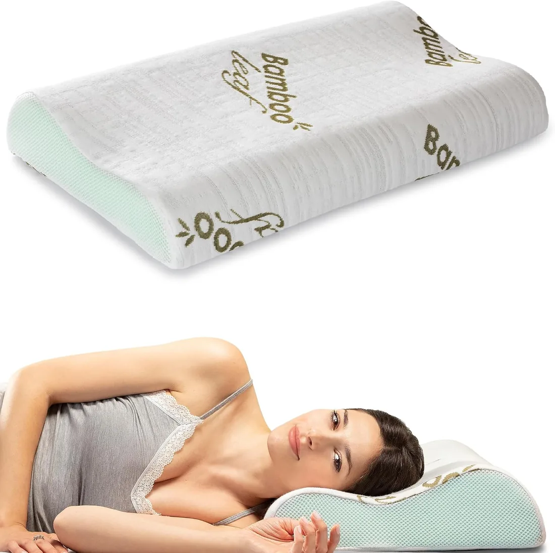 Flowen Almohada Cervical y Cuello Viscoelastica Cojin Ortopédico para Dormir Antiácaros Antialérgico y Transpirable Ideal para Dolores de Cuello Forro en Bamboo Antibacteriano Extraíble y Lavable