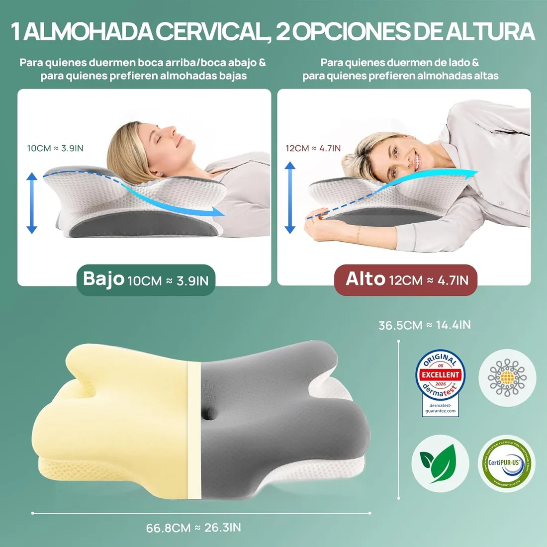 MULISOFT Almohada Cervicale 2 en 1 Almohada Ergonómica Espuma Viscoelástica | Almohada Cervicales y Cuello Mariposa para Dormir de Lado, Boca Arriba y Boca Abajo, 66,8 x 36,5 x 10 / 12 cm, P-105 Gris foto 2