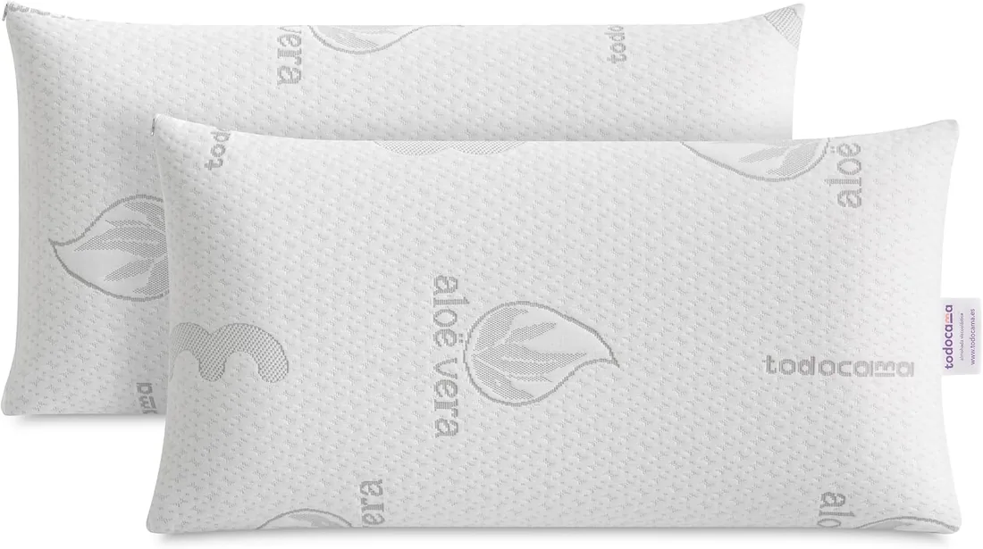 Todocama Almohada Viscoelástica Aloe Vera (Pack 2 Unidades 70 cm), Núcleo Compacto Viscoelástico para Cervicales y Cuello, Firmeza Media-Alta, Doble Funda con Cremallera. foto 3
