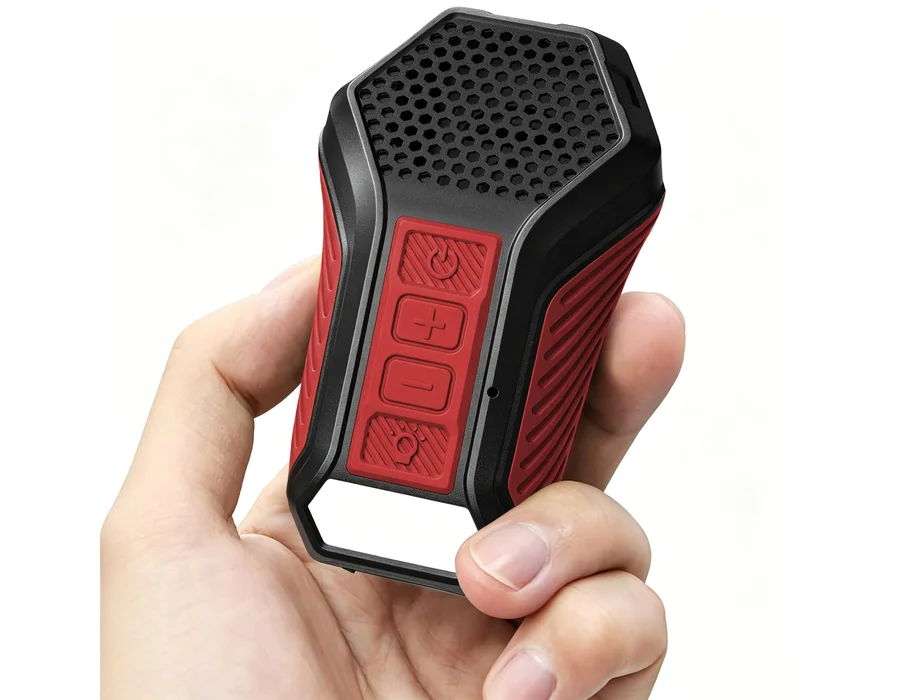 Altavoz Bluetooth Portátil con Luz y Lámpara de Advertencia, Clip & Mic Integrado, Música y Llamadas Manos Libres, Ideal para Trabajo, Ciclismo y Actividades al Aire Libre (Rojo)