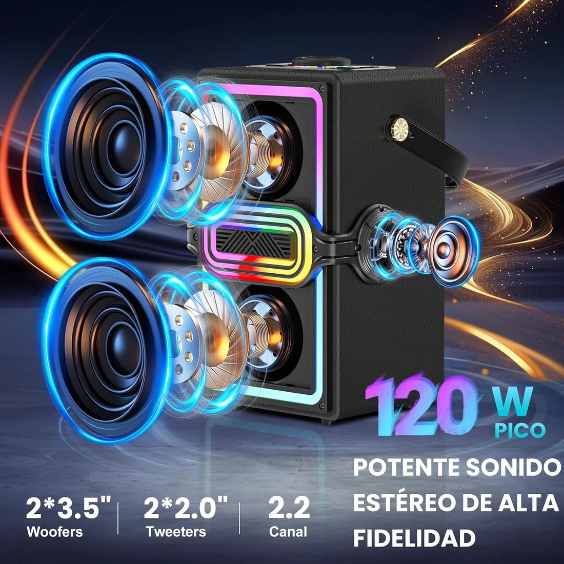 Altavoz Bluetooth, 120 W de Pico inalámbrico TWS, Altavoces portátiles para Fiestas al Aire Libre con subwoofer, Graves Profundos, Luces LED Coloridas, para el hogar, Camping (Negro) foto 2