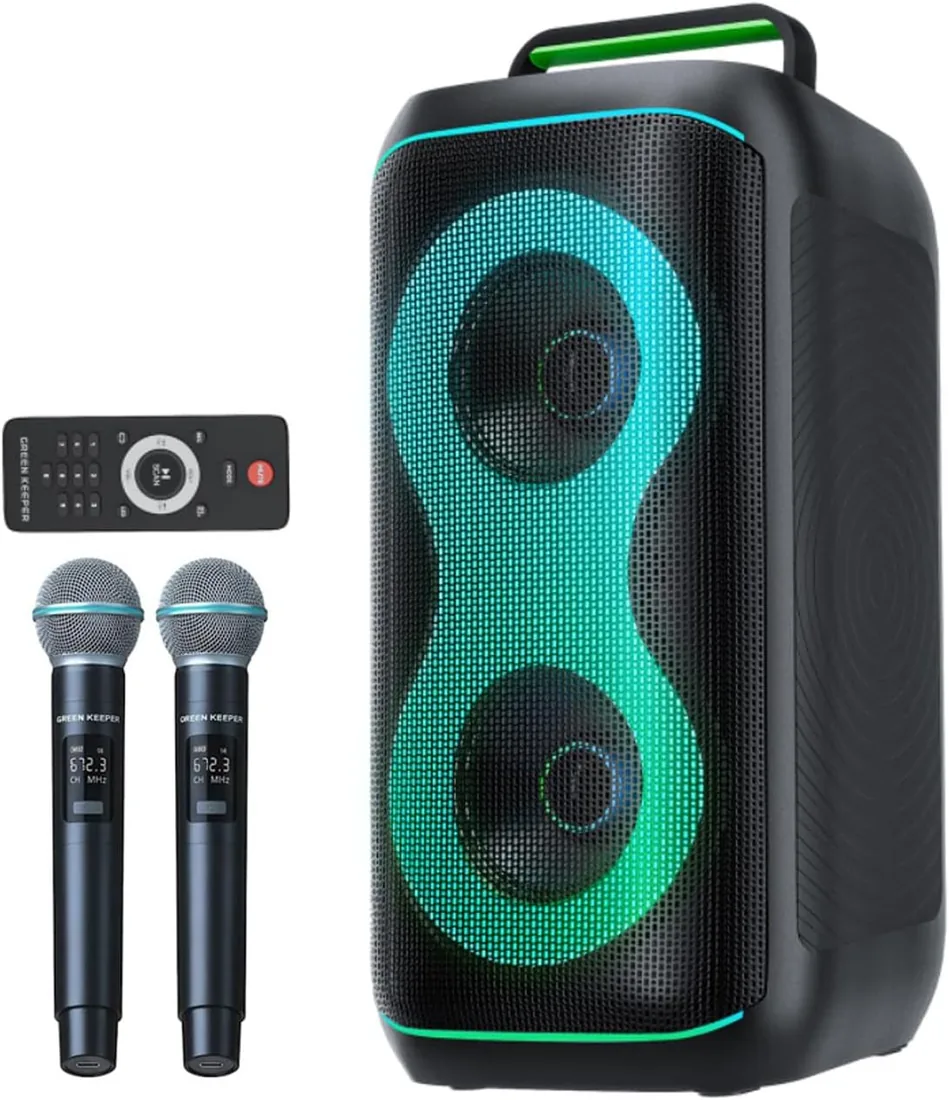 GKD61 Máquina Karaoke Adultos 2 Micrófonos UHF Inalámbricos, Sistema de 400W Pico, Subwoofers Duales de 6,5", Altavoz Bluetooth Portátil para Fiestas, Mando, Control de Graves y Agudos para Exterior foto 2