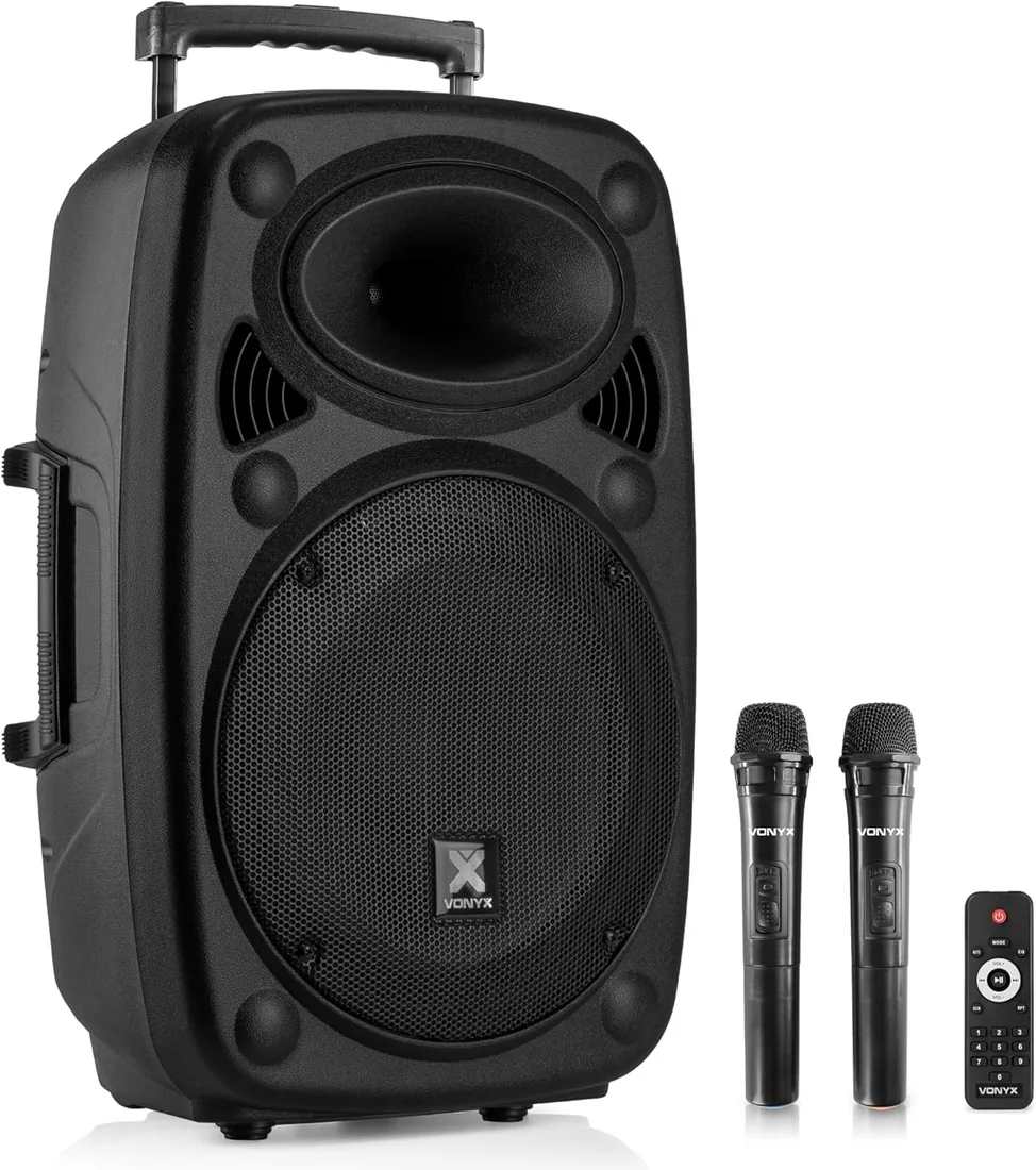 Vonyx Verve46 - Altavoz Bluetooth de 1000w, Altavoz autoamplificado portatil con microfono Karaoke, Bluetooth Speaker USB, SD, MP3, AUX, 2 microfonos UHF, Mando a Distancia, Subwoofer 15", Negro