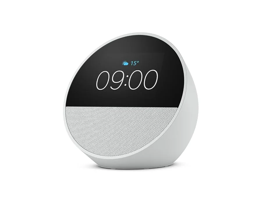Amazon Echo Spot (última generación) | Despertador inteligente con sonido de calidad| Blanco, con Acceso Anticipado a Alexa+ — Ref. K776