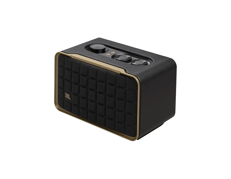 JBL Authentics 200, altavoz inteligente con tecnología Bluetooth, diseño retro, con cuadrícula gris, Wi-Fi integrado, Google Assistant, Amazon Alexa, AirPlay, JBL One App, negro
