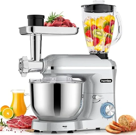 Homlee 3 In 1 Robot De Cocina con Picadora De Carne y Batidora,2000W Amasadora Multifunción, 5.5L Cuenco De Acero Inoxidable,1.5L Exprimidor De zumo, 6 Niveles De Velocidad