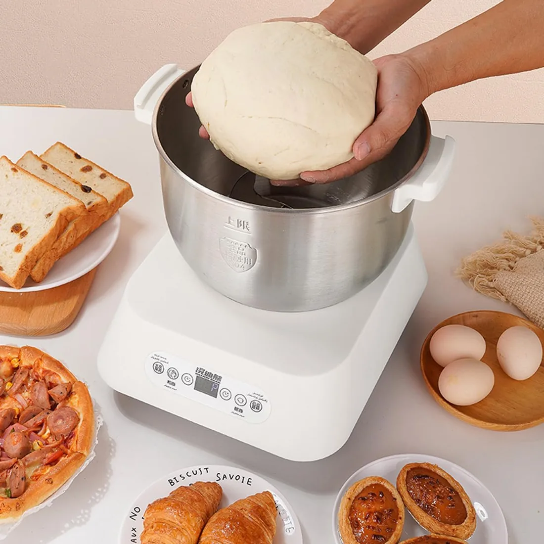Mezclador de harina de masa de acero inoxidable de 7 litros, máquina eléctrica de masa con función de fermentación, amasadora automática de gran capacidad, fermentación termostática, temporizador foto 3