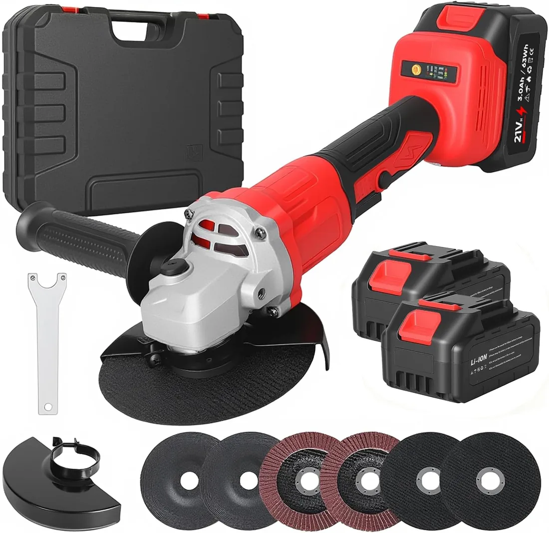 Amoladora Angular 1000W, 125 mm, 13.000 rpm, Amoladora con 2x 3000 mAh Batería y Cargador, Empuñadura Auxiliar, 6 Discos Incluidos, la Guarda, para Pulir, Lijar y Cortar