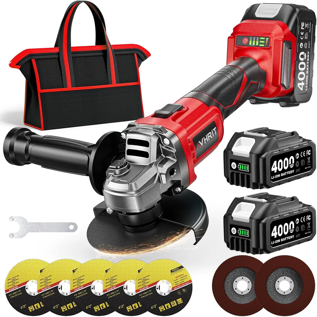 Amoladora angular con batería, 10.000RPM Amoladora Angular inalámbrica Motor Sin Escobillas, 2X4000mAh, 3 Velocidades, Bloqueo de Spindle Rápido, Mango Anti-Vibración para Cortar, Desbastar