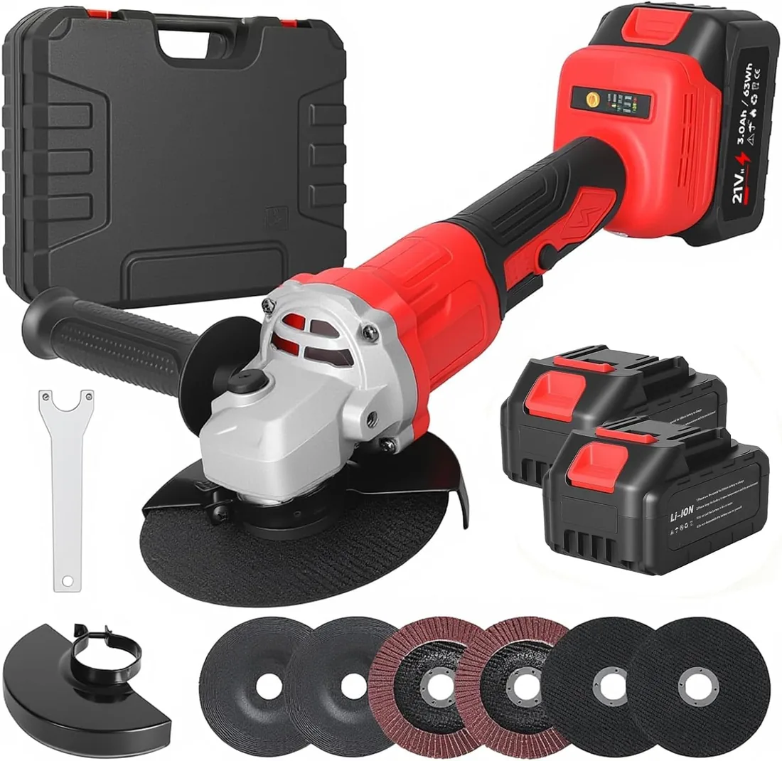 Amoladora angular con batería de 125 mm, batería de 21 V Flex con 2× 3,0 Ah baterías y cargador, motor sin escobillas, amoladora angular con 6 hojas de sierra, 12000 rpm, para un corte preciso