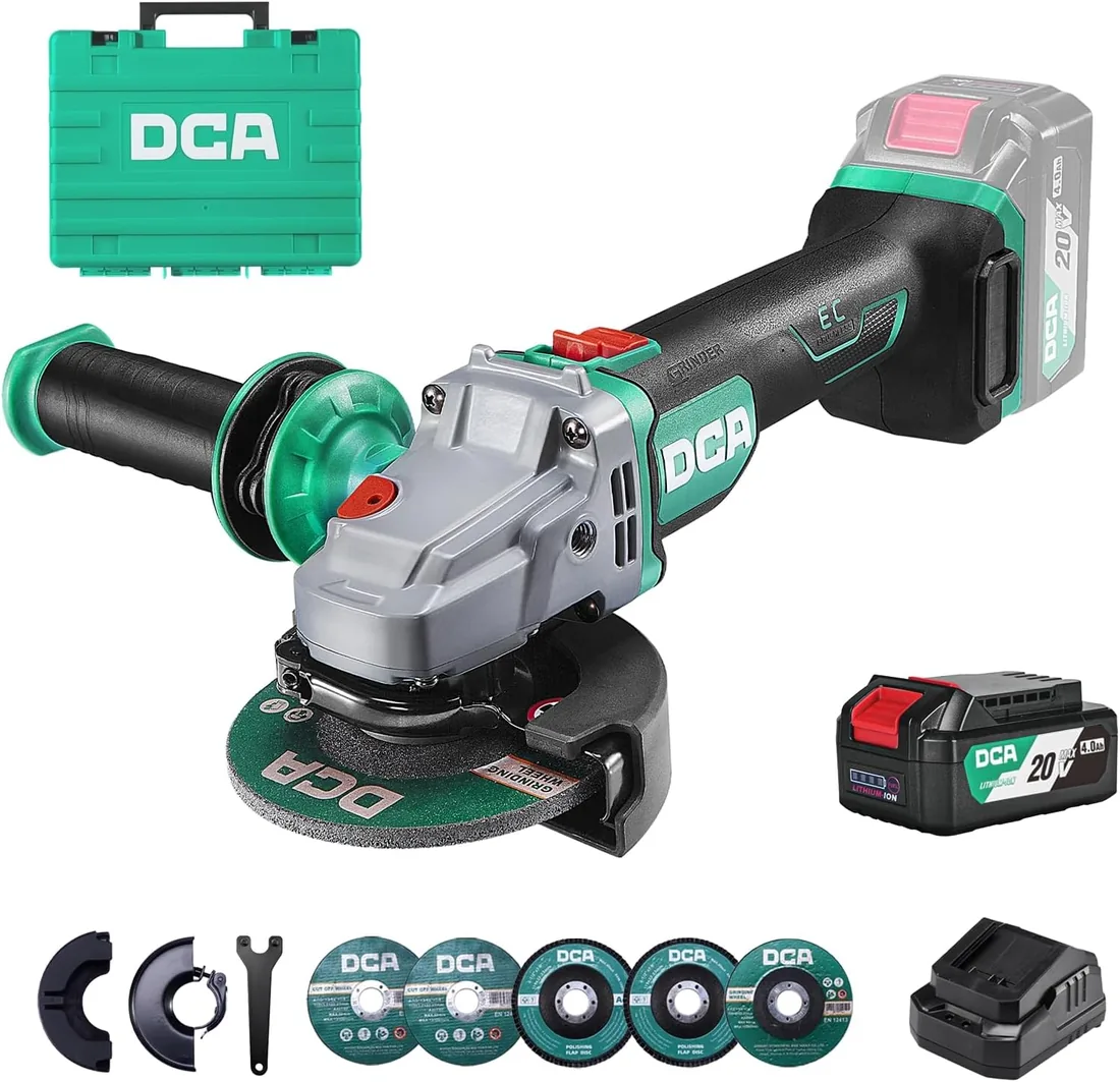 DCA Amoladora Angular sin Cable 20V sin Escobillas, Ø125mm, incl. Batería 4.0Ah & Cargador Rápido, 8500RPM Amoladora Angular Profesional con Tapa de Cierre Rápido, 6 Discos para Cortar, Desbastar foto 3