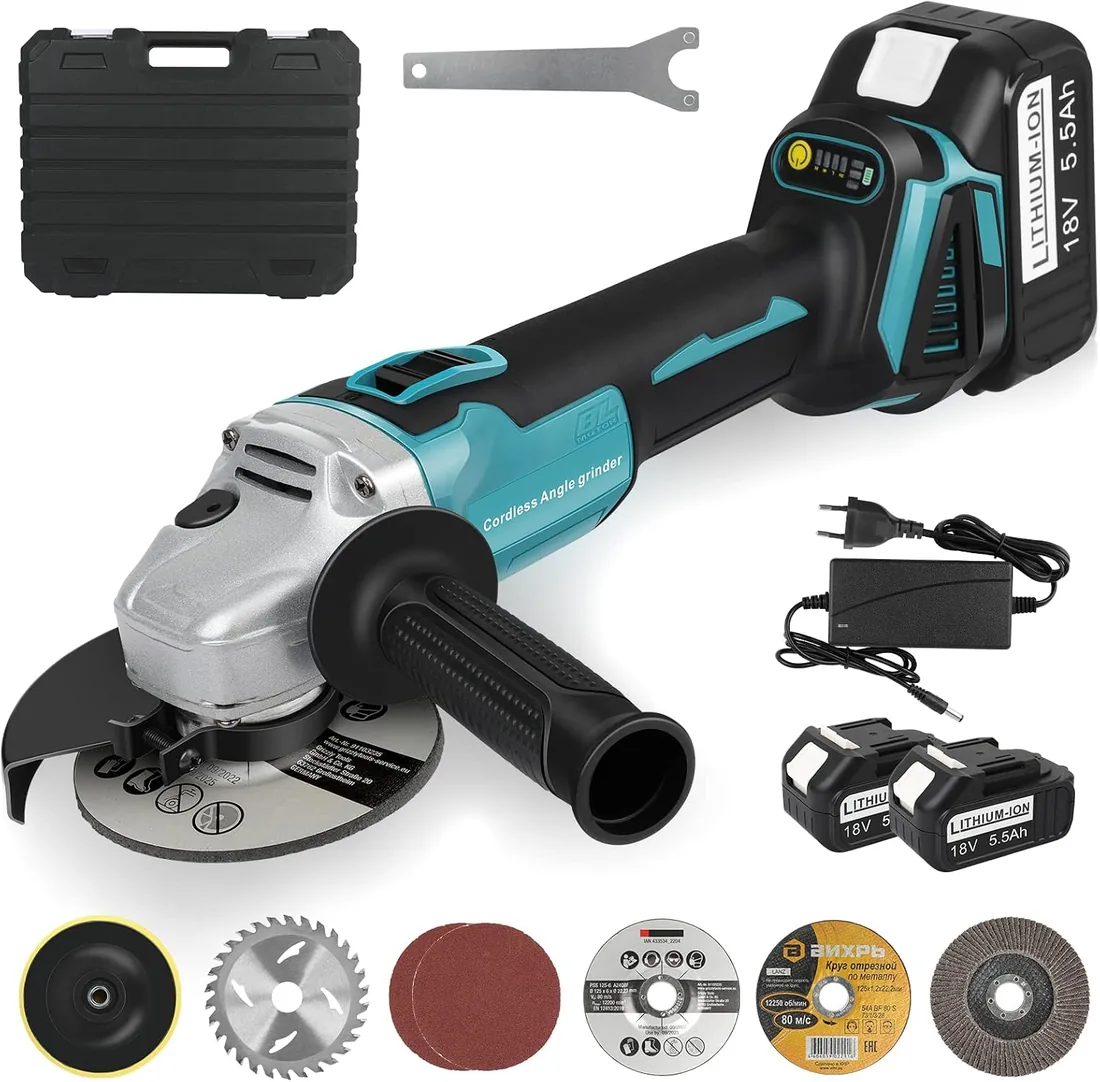 LabTEC Amoladora Angular, 800W, Amoladora Angular con Cable y Cuchillas con 2 Packs 18V 5500mAh Batería y Cargador para Cortar, Esmerilar, Pulir y Afilar foto 2
