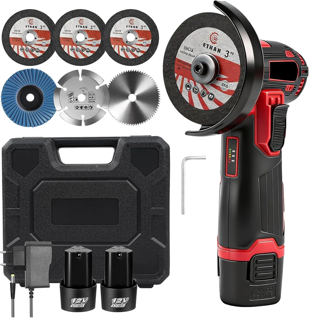 Mini Amoladora Angular Bateria, 19500rpm 76mm Mini Radial Bateria Con 2 Baterías 1300mAh 12V Y Discos Para Cortar Y Pulir, PequeñA Amoladora Inalambrica Para Esmerilar, Pulir, Cortar
