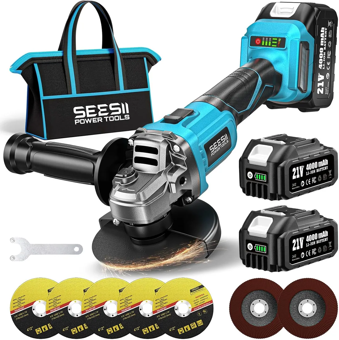 SEESII Amoladora Angular a Batería 2x 4000 mAh, 10.000 RPM Amoladora Angular Eléctrica sin Escobillas con 6 x muelas, para Crtar y Amolar con Precisión,125 mm/22 mm, azul (125mm)