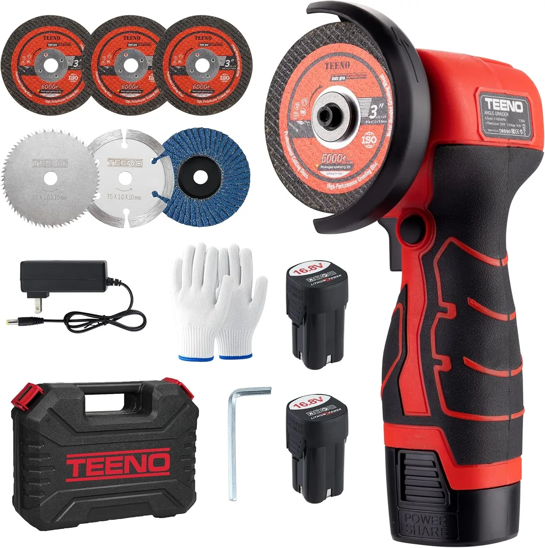 TEENO Mini Amoladora Angular Inalámbrica 76 mm, 19500 RPM, 2 Baterías | Radial compacta para cortar esmerilar pulir metal madera azulejo plástico con 6 discos 2x2000 mAh cargador y maletín