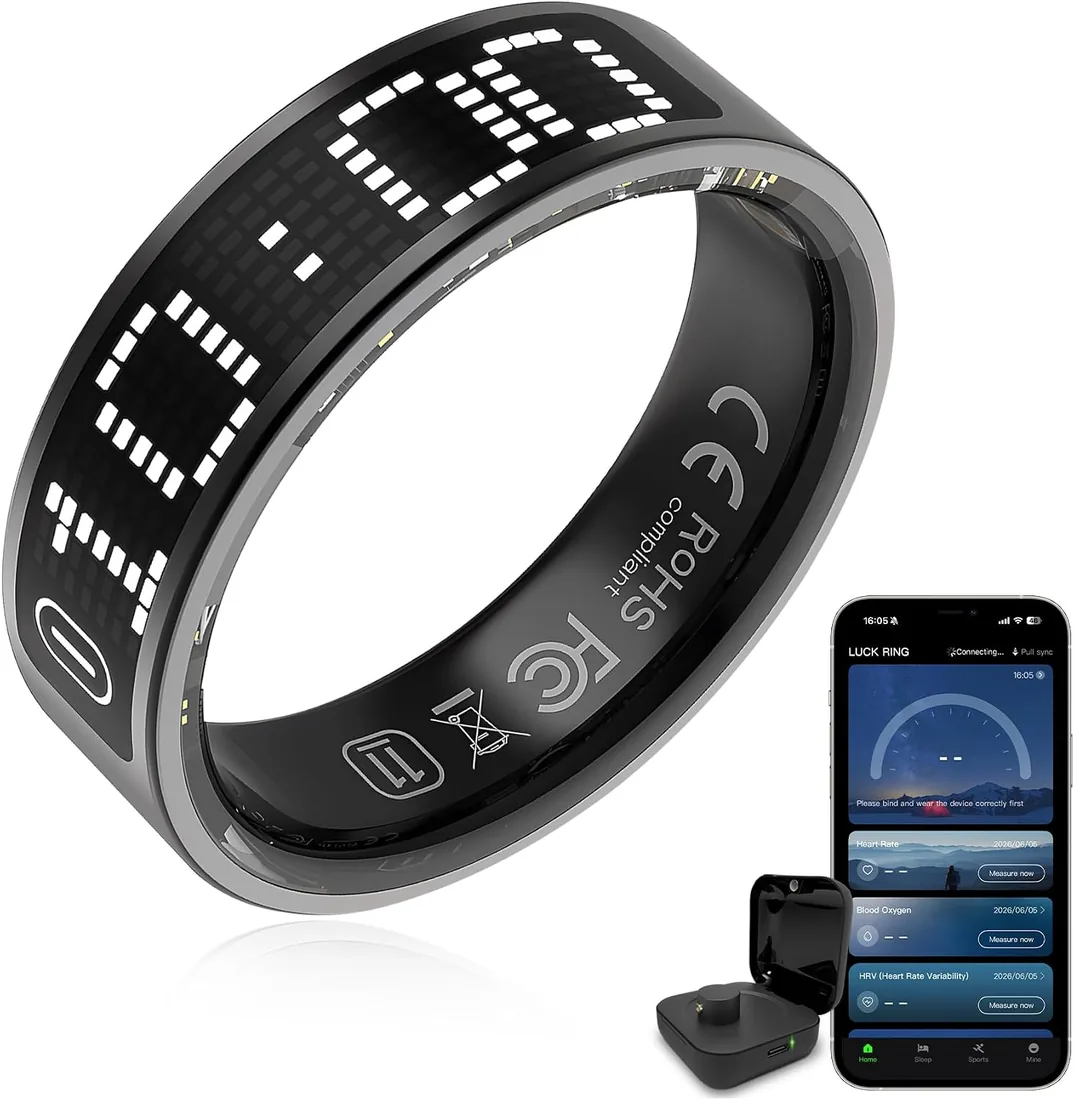 EULEUY Anillo Inteligente para Hombre y Mujer Compatible Android/iOS Nr 9 | Pantalla LED, Titanio (3,2g), IP68 Acuático, P