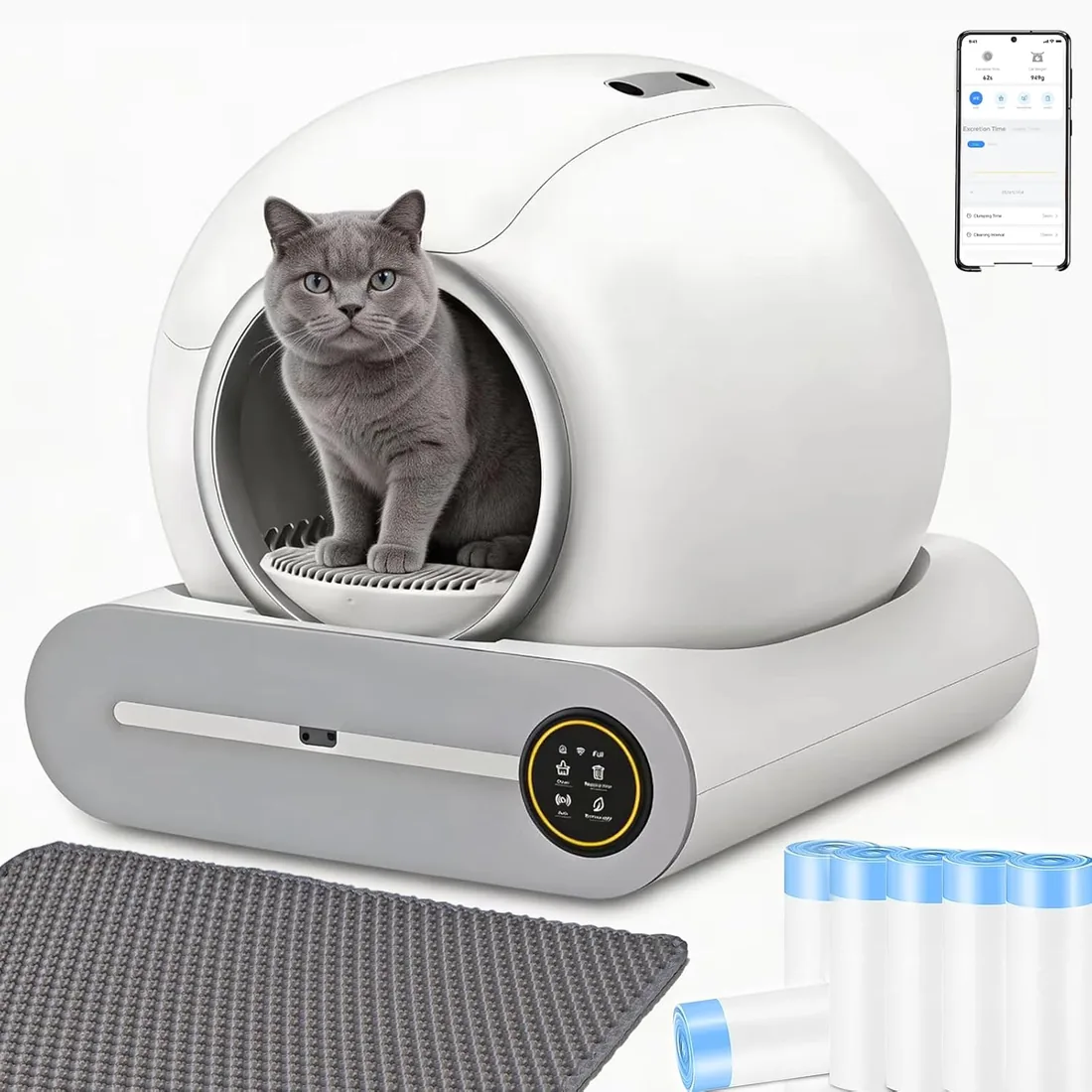 Arenero Autolimpiable para Gatos 65 L + 9 L con Control Aplicación | Sistema de Eliminación de Olores, 6 Rollos de Bolsas Basura, 2 Filtros, 1 Alfombrilla