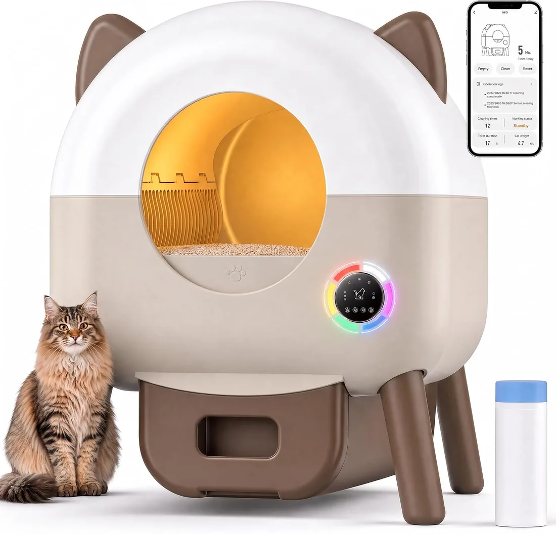 Arenero Gatos Autolimpiable,79L Arenero Autolimpiable con Sensores De Seguridad,6 Luces Ambientales,Arenero Eléctrico Autolimpiable para Gatos Control por App De 2.4 GHz (Marrón) foto 3