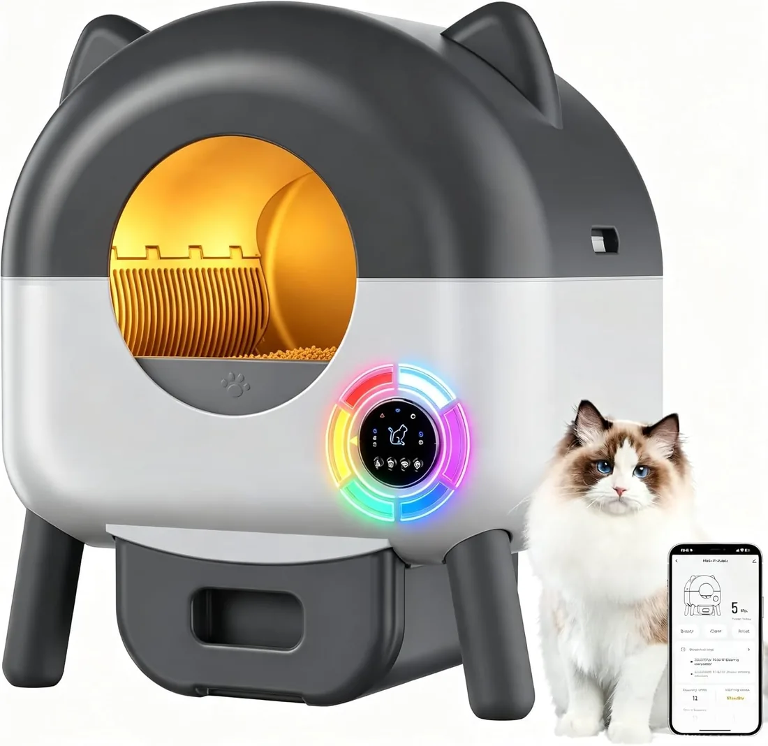 Arenero Gatos Autolimpiable 89L, Caja Arena Gato Automatica con App Control, Antifugas, Atrapamiento, Olores, con Sensores de Seguridad, Luces Ambientales LED, para Múltiples Gatos, Fácil de Limpiar