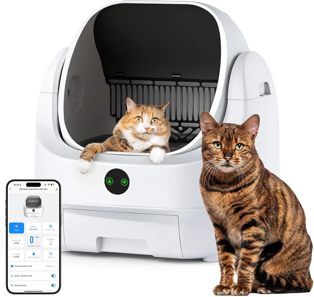 Arenero Gatos Autolimpiable Abierto, Ellenpent Caja de Arena Automática | Sin Olores e Higiénico, Capacidad Grande, Control por App, Seguro, Limpieza Rápida, Adecuado para Hogares con Varios Gatos foto 3