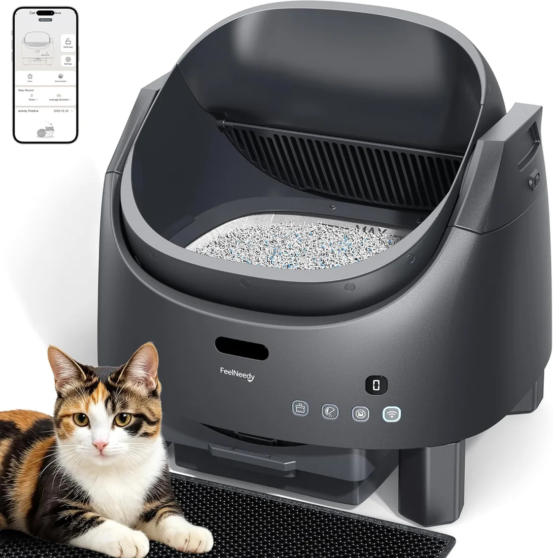 FEELNEEDY Arenero Gatos Autolimpiable | Sistema de Neutralización de Olores para Gatos 1-15kg, Control App & Seguridad Multi-Sensores, Altura de Entrada Regulable